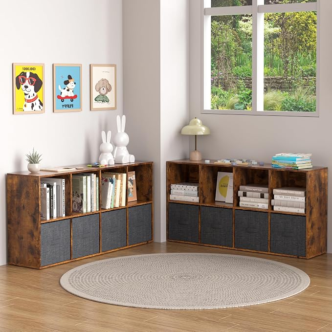 Wooden 8 Cube Storage Organizer with Closed Back Panel,Brown Cube Shelf Cubby Storage Organizers with Compartments for Living,Bookshelf,Organizers Easy to Install (Retro Brown, 8 Cube)