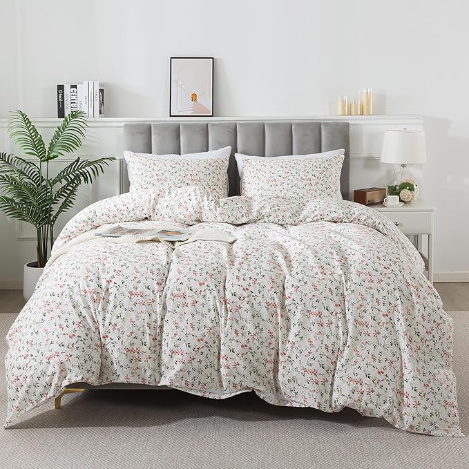HoneiLife Duvet Cover Queen Size - Cotton Comforter Cover Floral Duvet Cover Sets 3-PC, Soft & Breathable Duvet Cover with Zipper Closure & Corner Ties, Wildflower Comforter Cover Sets, Red Bean