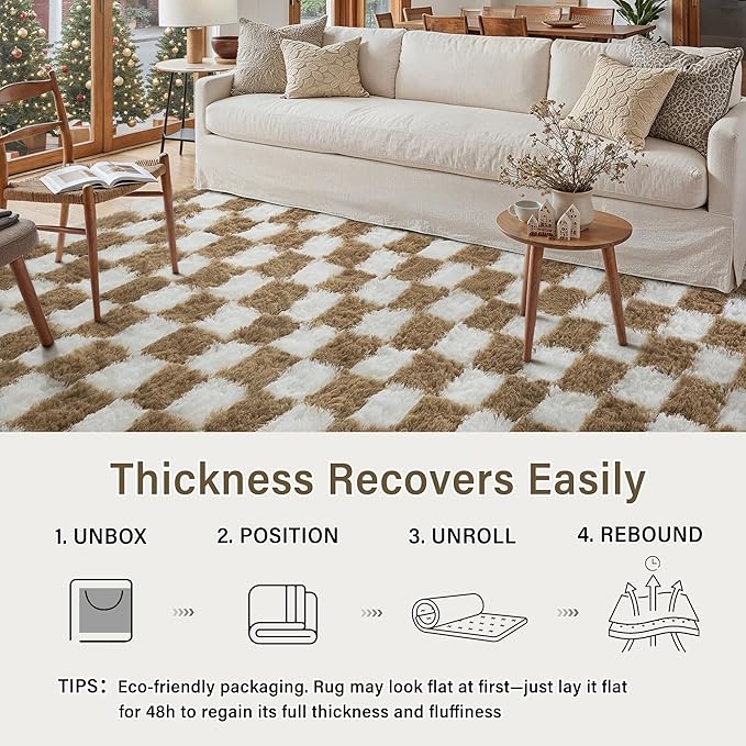 Checkered Rug 7x10 for Living Room, Beige and White Modern Shag Rug Washable Non-Slip Large Area Rug Super Soft Indoor Fuzzy Carpet Fluffy Rugs for Bedroom Home Aesthetic Decor