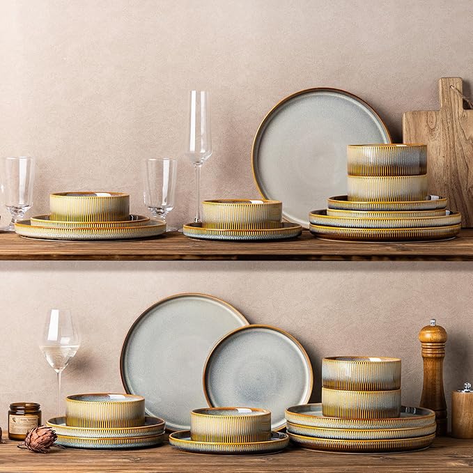 TheTerra Ceramic Dinnerware Sets for 6, 18 Pieces Porcelain Lightweight Plates and Bowls Sets, Scratch Resistant Dish Set, Oven & Microwave & Dishwasher Safe, Dusk Blue