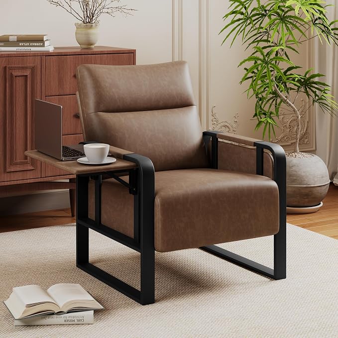 Alunaune Upholstered Living Room Chair Armchair, Mid Century Faux Leather Metal Accent Chair, Reception Couch Office Guest Chair Slipper Club Lounge Single Sofa with Sidetable for Bedroom-Brown