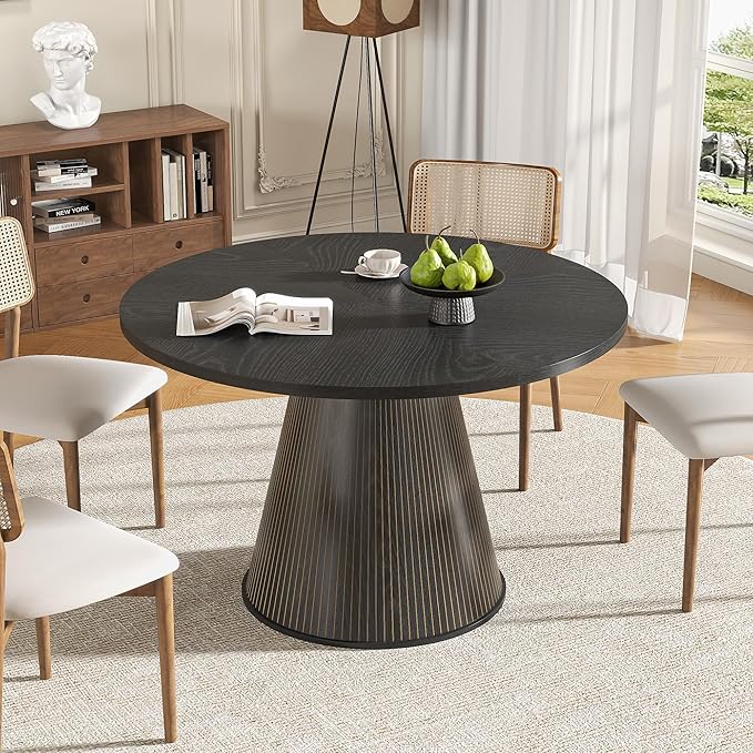 47 inch Round Dining Table for 4-6, Circle Kitchen Table with Sturdy Tapered Base, Mid Century Modern Fluted Dining Tables for Dining Room, Kitchen, Living Room (Black, 47inch)