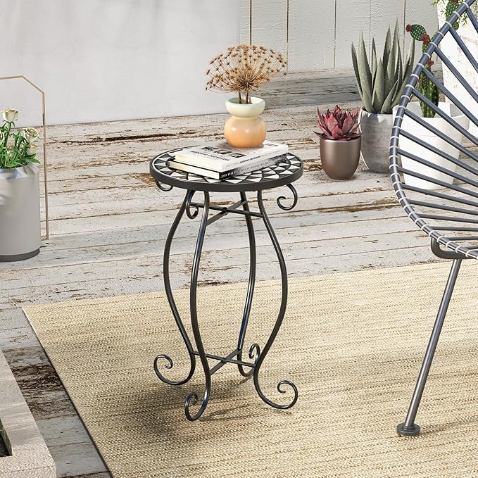 Giantex Outdoor Side Table, Mosaic Patio Table, 12 inch Accent Table Plant Stand Indoor, Ceramic Tile Top Metal Frame, Small End Table Porch Beach Patio Garden Balcony Poolside (Monochrome)