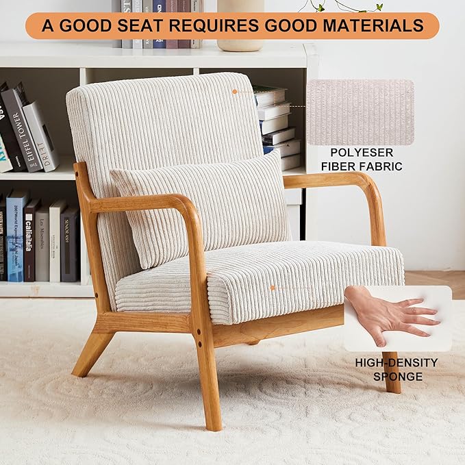 Accent Chairs Set of 2, Mid Century Modern Chair with Pillow, Arm Chair with Solid Wood, Reading Relaxing Leisure Chair for Living Room, Waiting Room, Beige
