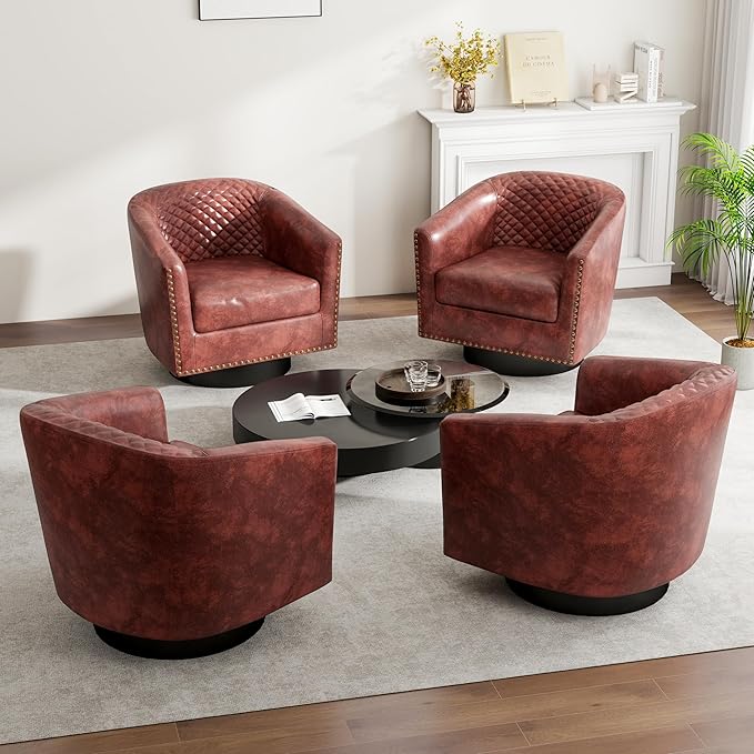 Swivel Barrel Accent Chair, Comfy Modern Upholstered Round Faux Leather Arm Chair for Living Room