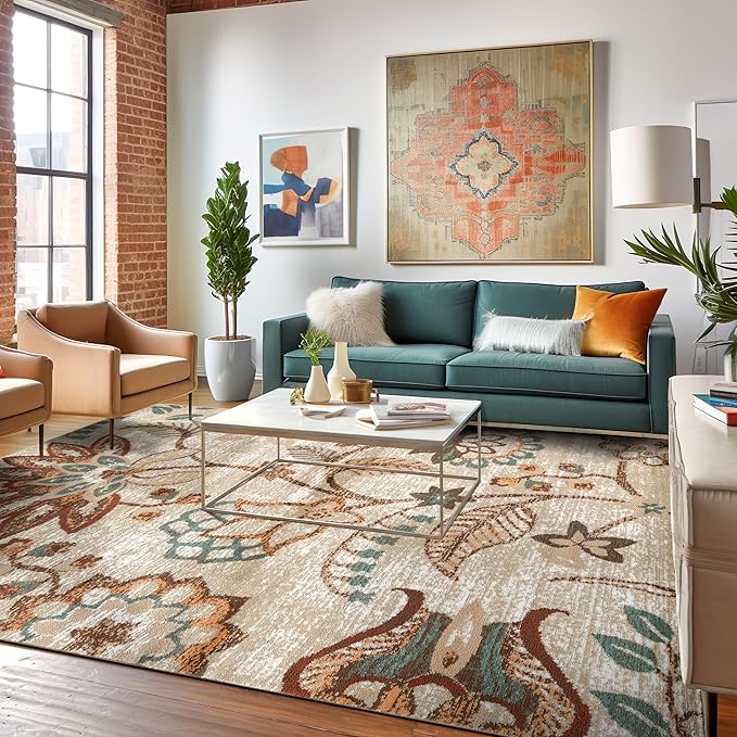 Rugshop Beige Floral Area Rug- Vintage Botanical Indoor Carpet for Living Room, Bedroom, or Dining Room – Non-Shedding, Soft Low-Pile Traditional Rug 7' 10" x 10'