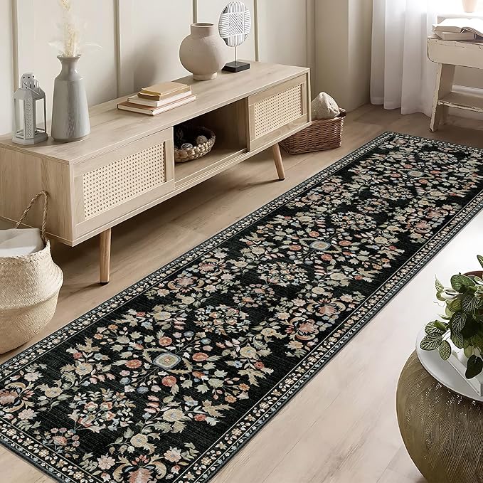 MUJOO Washable Runner Rug for Kitchen Hallways,2x8 Runner Rug Non Slip,Floral Carpet Runner for Bathroom Bedroom Laundry Floor,Long Mat Boho Indoor Vintage Low Pile Black