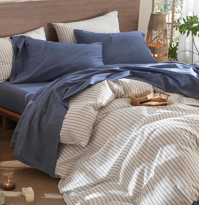 MooMee Bedding Sheet Set 100% Cotton Linen Like Textured Breathable Durable Soft Comfy (Heathered Blue, Queen)