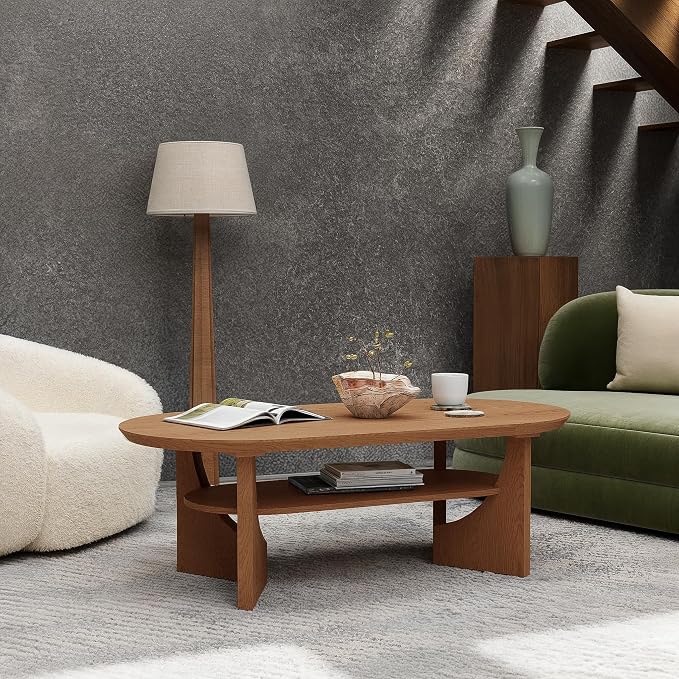 Mid Century Modern Coffee Table, 47" Oval Wood Coffee Tables for Living Room, 2 Tier Curved Round Center Table with Storage Shelf & Sturdy Base, Minimalist Retro Tea Tables