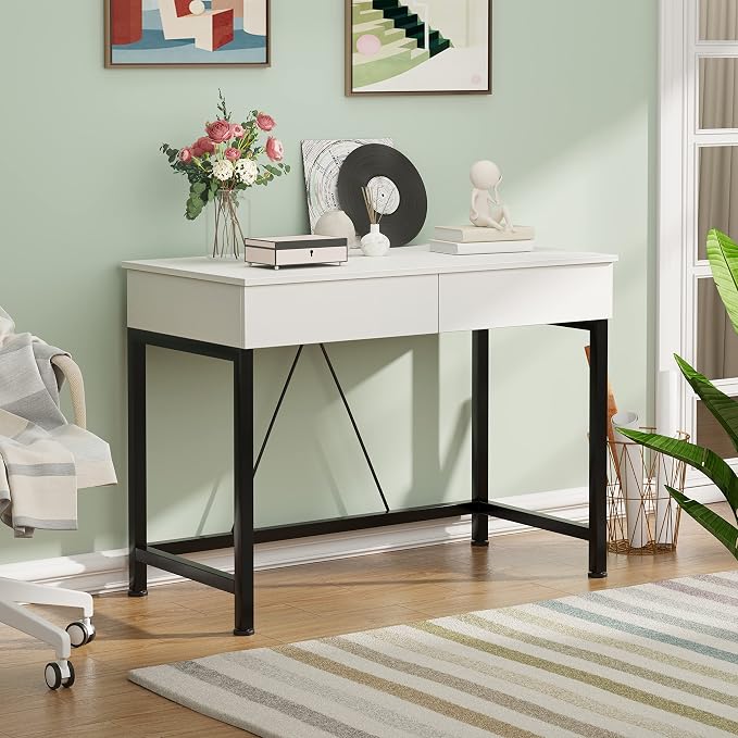 CAIYUN 40Inch Computer Desk with 2 Wooden Drawers, Small Desks for Home Office with Storage,Vanity Desk for Bedroom, Gaming Desk for Small Spaces, Simple Kids Study Writing Desk Table (White, Wooden)