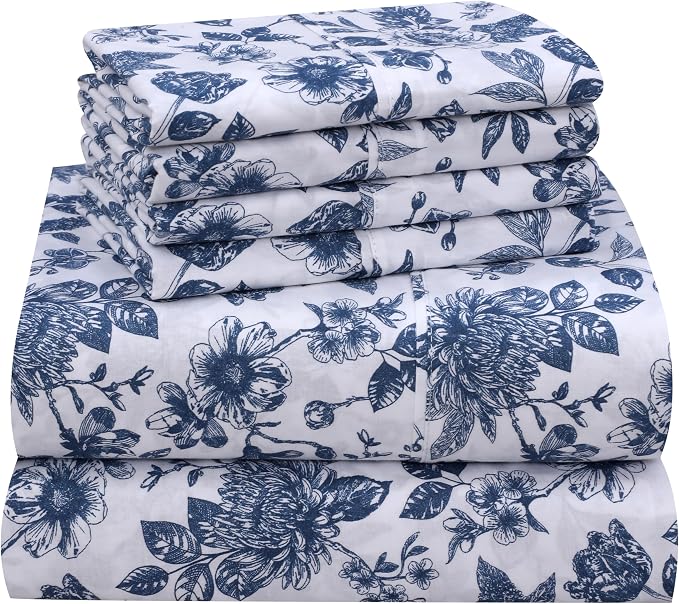 RUVANTI 4 Pcs Cotton Sheets - 100% Natural Cotton Soft, Lightweight & Breathable Crispy Percale Bed Sheets, Twin Sheets Set 16" Deep Pockets, Wild Flower