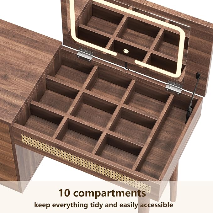 Mid-Century Modern Vanity Desk with Flip-Top Mirror and Lights 39" Brown Makeup Vanity Table with 3 Drawers 10 Compartments Wooden Legs Stool Retro Rattan Vanity Set for Girls,Walnut