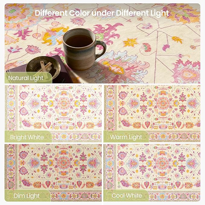 Kokia 8x10 Area Rugs Living Room Washable Non Slip Low Pile Vintage Ivory Pink Stain Resistant Soft Large Oriental Rugs for Bedroom, Dining Room, Kitchen, Indoor Leisure Rooms, Nova Vanillaa