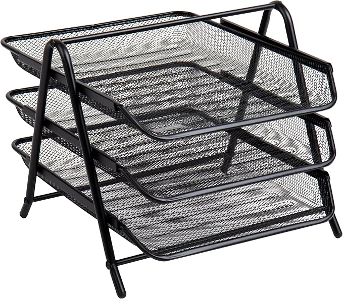 Mind Reader 3-Tier Paper Tray, Desktop Organizer, File Storage, Workspace, Office, Metal Mesh, 11.75"L x 13.75"W x 10"H, Black