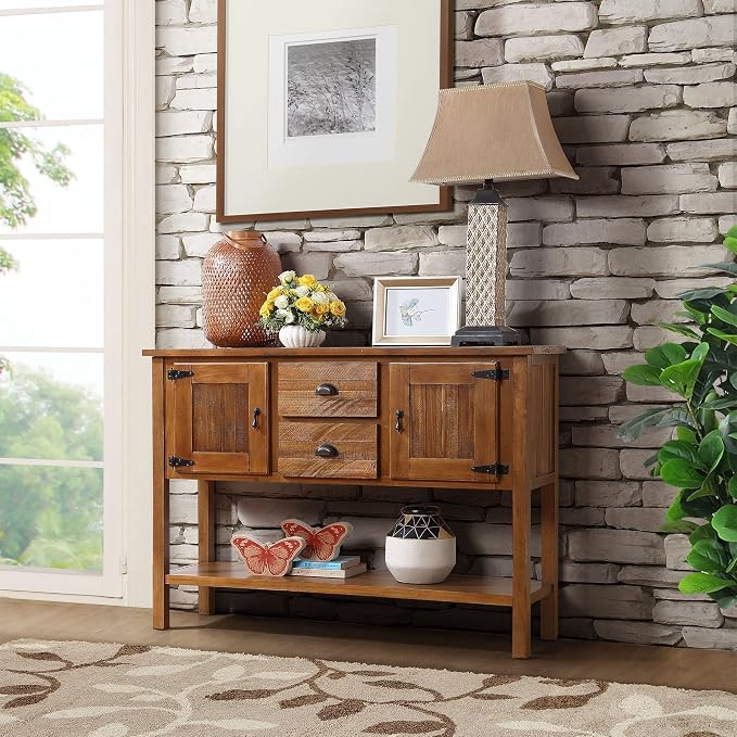 Merax Sideboard Buffet Cabinet with 2 Drawers, Console Table with Shelf for Kitchen, Farmhouse Coffee Bar with Storage, Brown