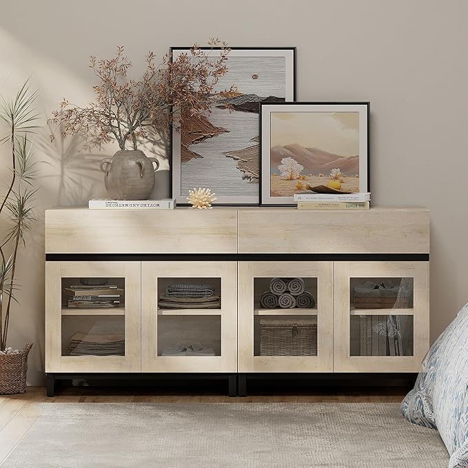 WAMPAT 63‘’ Multifunctional Sideboard Buffet Cabinets with 4 Glass Doors, Modern Sideboard Credenza, Coffee Bar Cabinet for Living Room, Kitchen, Light Oak