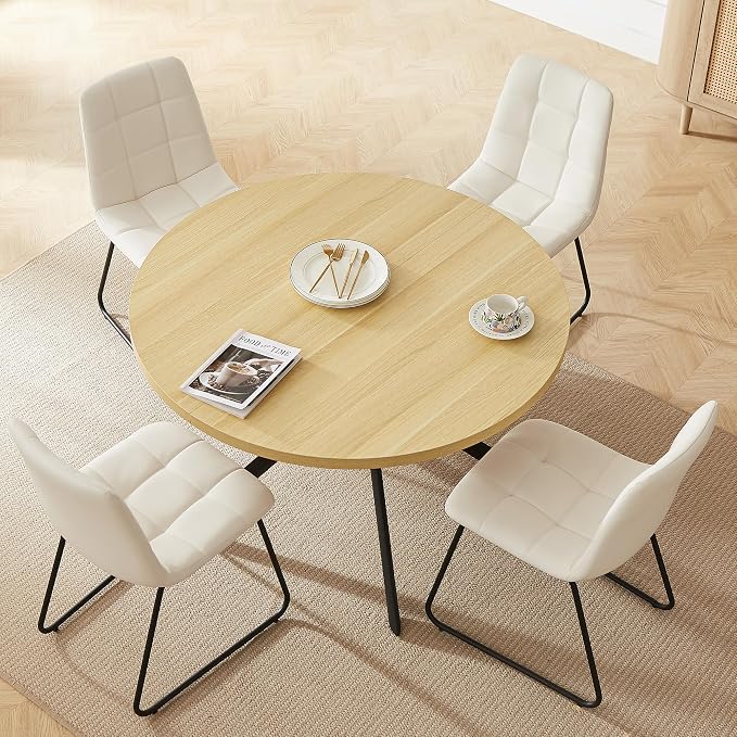 HIPIHOM 45.3 Inch Round Dining Table Set for 4, Mid Century Modern Small Coffee Set for Dining Room Kitchen Apartment (Cream Table + 4 U-Shaped White Chairs)