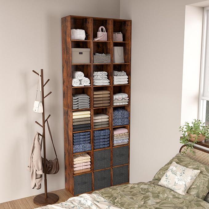 8-Cube Storage Organizer Bookcase, White, Tall Narrow Bookshelf for Home Office (Retro Brown)
