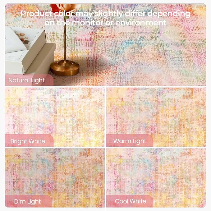 Kokia Abstract Area Rugs 8x10 Bedroom Soft Living Room Rugs Washable Distressed Vintage Comfy Pink Orange Carpet with Non-Slip Backing for Farmhouse Home Office Room Decor, Oslo Sunrise
