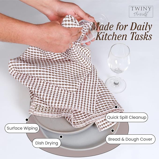 TWINY threads 4 Pack Honeycomb Circle Waffle Dish Towels 16x26 Inches, 100% Cotton, Durable, Thick, Waffle Weave Tea Towels, Great for Handling Hot Pots, Heavy Cleaning, Brown
