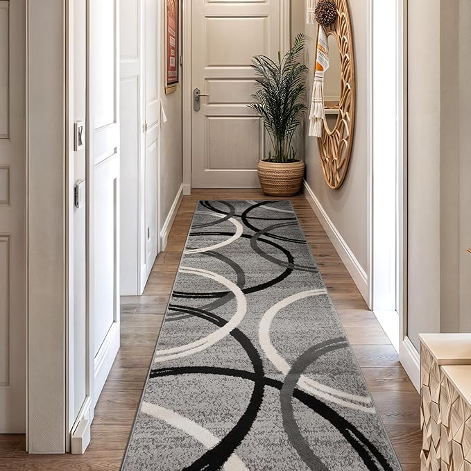 Rugshop Wavy Circles Design Runner Rug, Non-Shedding Carpet for Hallway or Entryway, Gray, 2' x 7'2"
