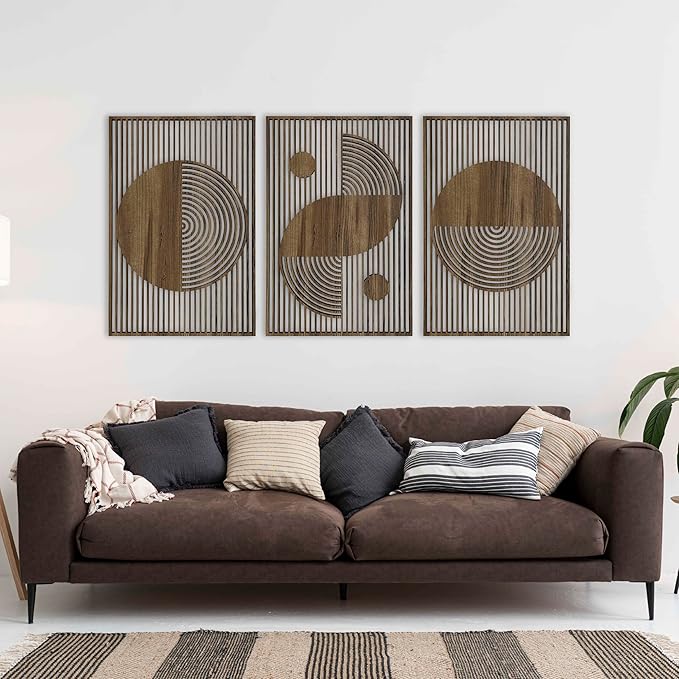 Boho Wood Wall Art Bauhaus Style, Abstract Wooden Wall Art, Large Mid Century Modern Decor, 3 Geometric Wood Wall Panel Set, Home Gift