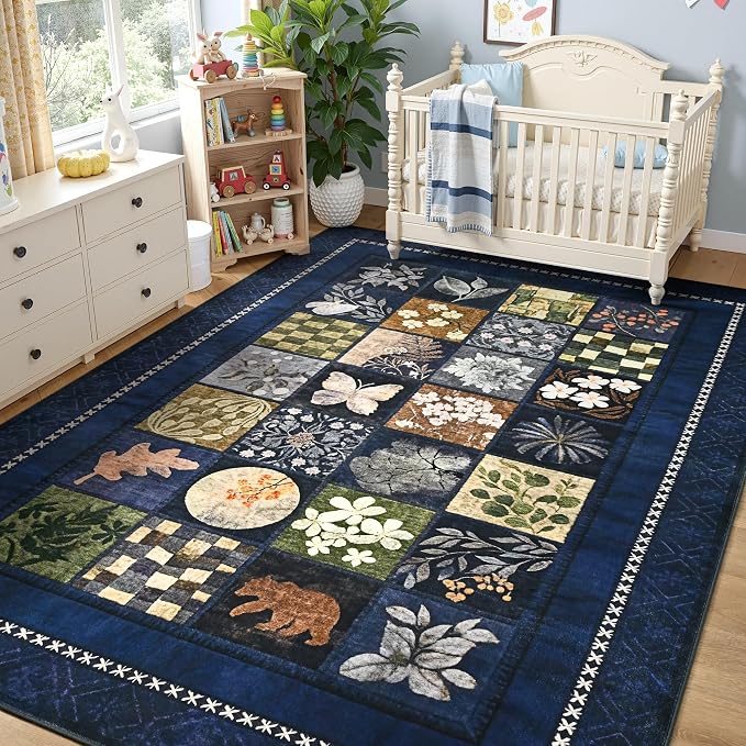 Tepook 4x6 Area Rugs for Living Room, Modern Large Geometric Rug for Bedroom, Washable Patchwork Rug Indoor Non Slip Throw Carpets for Dining Room Office Farmhouse Home Decor, Navy Blue