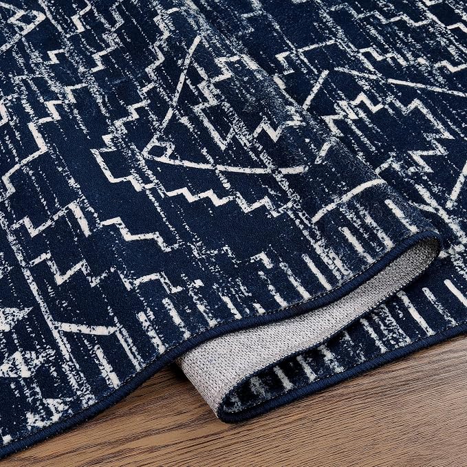 Wonnitar Moroccan 5x7 Blue Rugs for Living Room, Washable Geometric Tribal Bedroom Area Rug, Large Non-Shedding Soft Low Pile Stain Resistant Carpet for Den Kitchen Home Decor (Blue,5'x7')