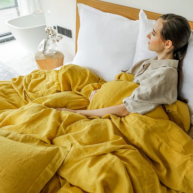 Simple&Opulence 100% Linen Duvet Cover Set 3pcs with Coconut Button Closure Natural French Washed Flax Solid Color Soft Breathable Farmhouse Bedding - Mustard Yellow, Full Size