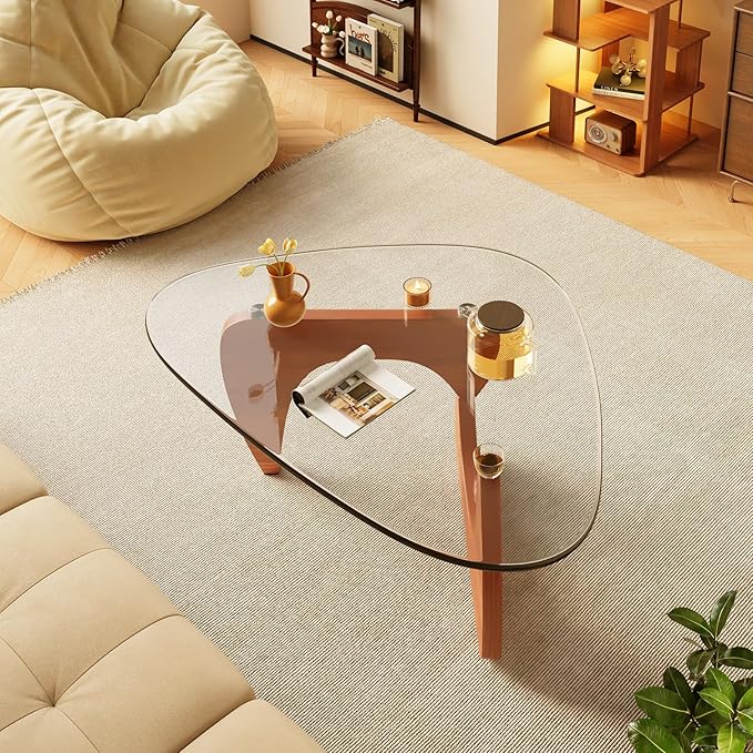 Coffee Tables Glass Small Farmhouse Coffee Table Mid-Century Modern Wood Center Table for Living Room, Walnut Transparent, 32 Inch