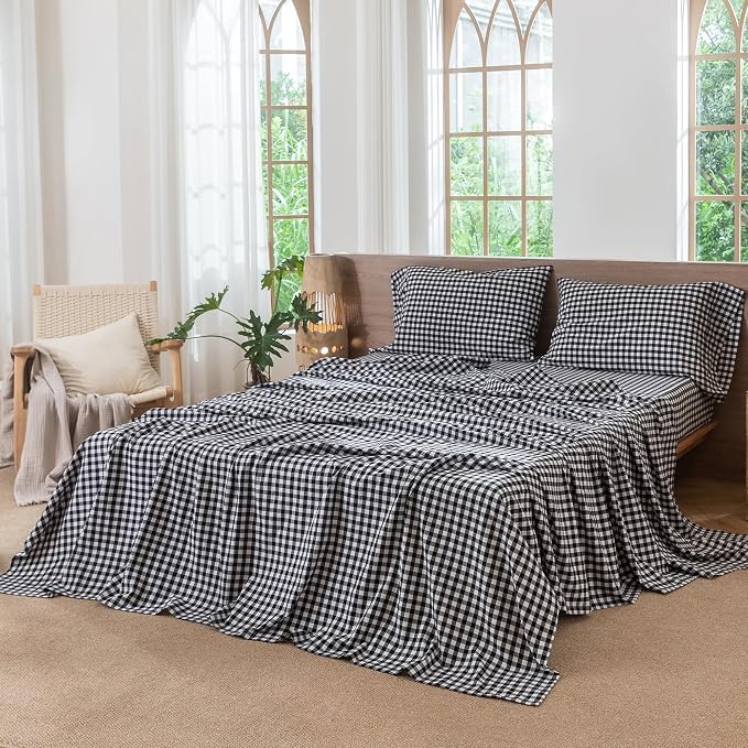 MooMee Gingham Sheet Set 100% Washed Cotton Linen Like Textured Breathable Soft w/ Fully Elasticized 16-19" Deep Pocket (Classic Gingham Black White, King)