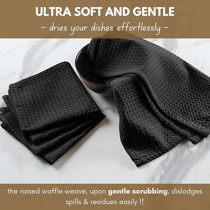 Native Fab 6 Pack Waffle Dish Cloths - 12x12 inches, 100% Cotton, Soft, Absorbent & Quick Drying Towels for Cleaning, Cooking & Baking - Great for Home, Restaurants, Bars, Multipurpose Use - Black
