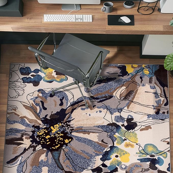 Rugshop Cream Bright Flowers Non Slip Non-Shedding Square Area Rug for Dining Room, Living Room and Bedroom, 6'6" x 6'6"