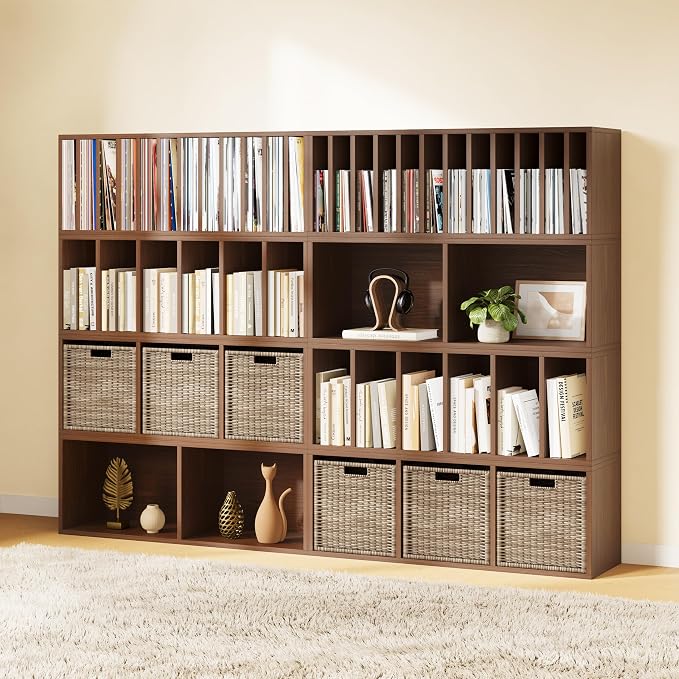 IOTXY DIY Modular Cube Bookcase - CubeXY Customizable Stackable Expandable Combination Set, 23-Cube Open Bookshelf for Books, Fabric Storage Bin, and 7/10-inch Vinyl Record Organizer, Walnut
