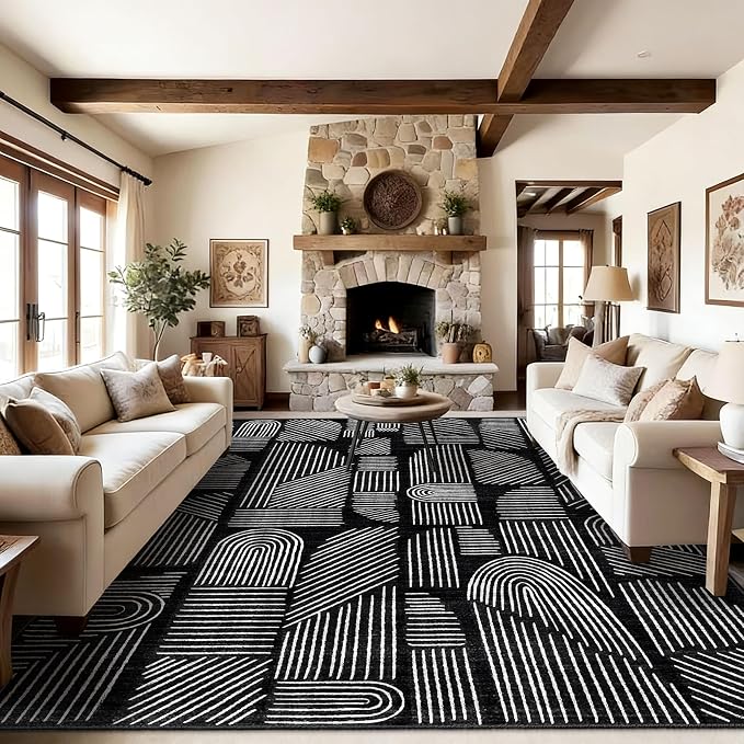MUJOO 8x10 Washable Area Rug,Mid Century Modern Abstract Non Slip Low Pile Rug,Black and White Large Rug for Living Room Bedroom Dining Room