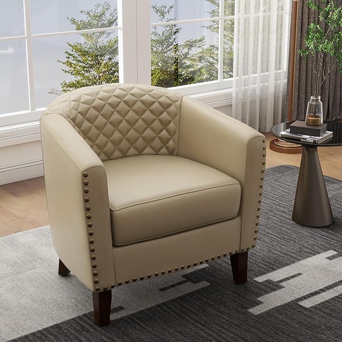 UIXE Faux Leather Accent Chair, Barrel Club Chair Upholstered Armchair for Living Room, Comfy Modern Round Arm Chair Bedroom Reading Seat - Beige