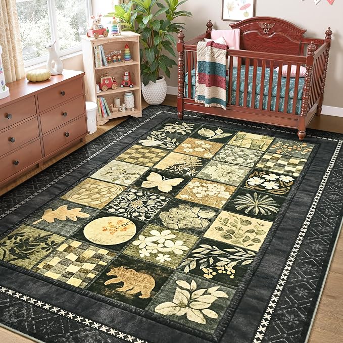 Tepook 4x6 Area Rugs for Living Room, Modern Large Geometric Rug for Bedroom, Washable Patchwork Rug Indoor Non Slip Throw Carpets for Dining Room Office Farmhouse Home Decor, Dark Grey