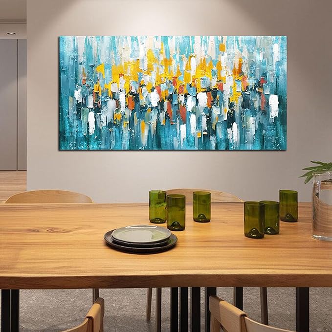 Large Abstract Canvas Wall Art for Living Room Bedroom Teal Yellow Abstract Picture Framed Canvas Prints Ready to Hang Modern Home Decor Size 30x60