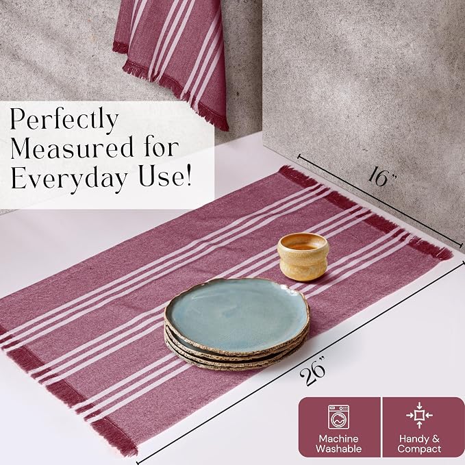 Prewashed Stripe Dish Towels 4 Pack, 16x26 Inches, Absorbent Hand Towels for Kitchen Use, Quick Dry Cloths for Cleaning, Durable Washable Rags, Reusable Dishcloth Set - Burgundy Wine