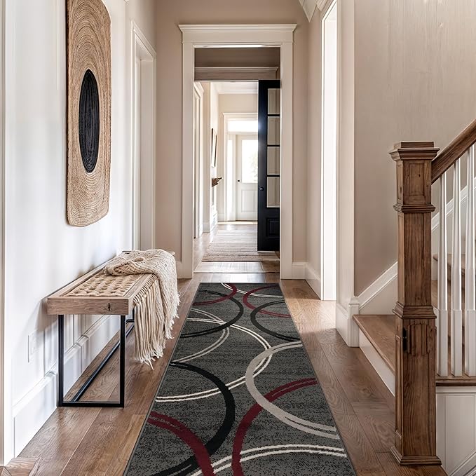Rugshop Modern Wavy Circles Design Non-Shedding Runner Rug, Carpet for Hallway, Entryway, or Kitchen, Red, 2'7" x 10'