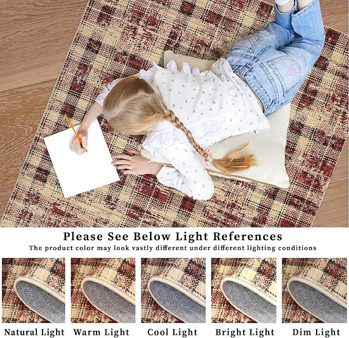 Washable Rugs 4x6 Rug for Living Room Modern Plaid Area Rug for Bedroom Tartan Farmhouse Red Non Slip Entryway Rug Soft Stain Resistant Carpet for Nursery Entrance Dining Room 4'x6' Red
