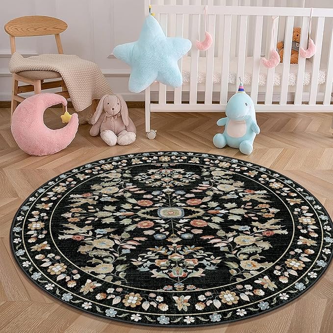 MUJOO Circle Rug 4ft,Black Round Area Rug Washable,Circular Rugs for Bedroom Entryway Bathroom Living Room,Small Boho Non Slip Throw Carpet Vintage Floral