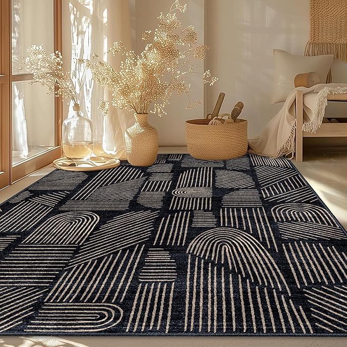 MUJOO 5x7 Washable Area Rug,Mid Century Modern Abstract Non Slip Low Pile Rug,Black and Gold Rug for Living Room Bedroom Dining Room