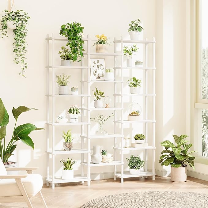 IOTXY Wooden Triple Wide Bookshelf - 6-Tier Large Shelf Bookcase with Solid Beech Frame, Tall Freestanding Open Etagere Display Rack for Home Office, White