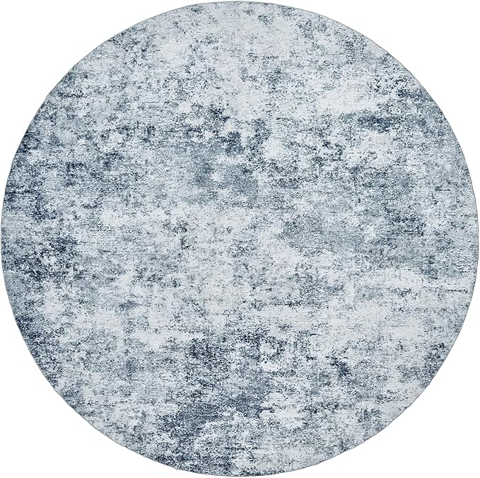 WITSHOCK 8ft Round Area Rug for Living Room: 8x8 Washable Neutral Modern Abstract Soft Thin Rug Indoor Floor No Slip Rug Carpet for Bedroom Under Dining Table Home Office Decor (Blue)