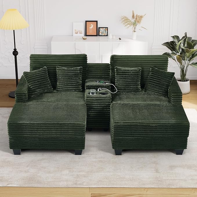 Oversized Chaise Lounge Chair Indoor with Storage & USB, Cup Holder & Ottoman, Firm Solid Wood Frame with Long Service Life Corduroy Oversized Lounge Reading Chair for Large Study Room - Green