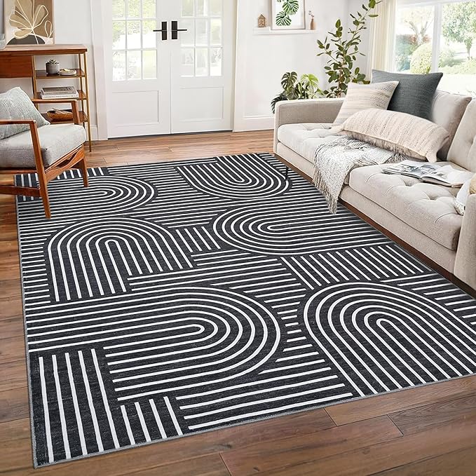 Washable Rug 10x13 Area Rugs for Living Room, Abstract Rug for Bedroom, Soft Rainbow Rugs with Rubber Back, Low Pile Stain Resistant Boho Geometric Rug for Dining Room, Black