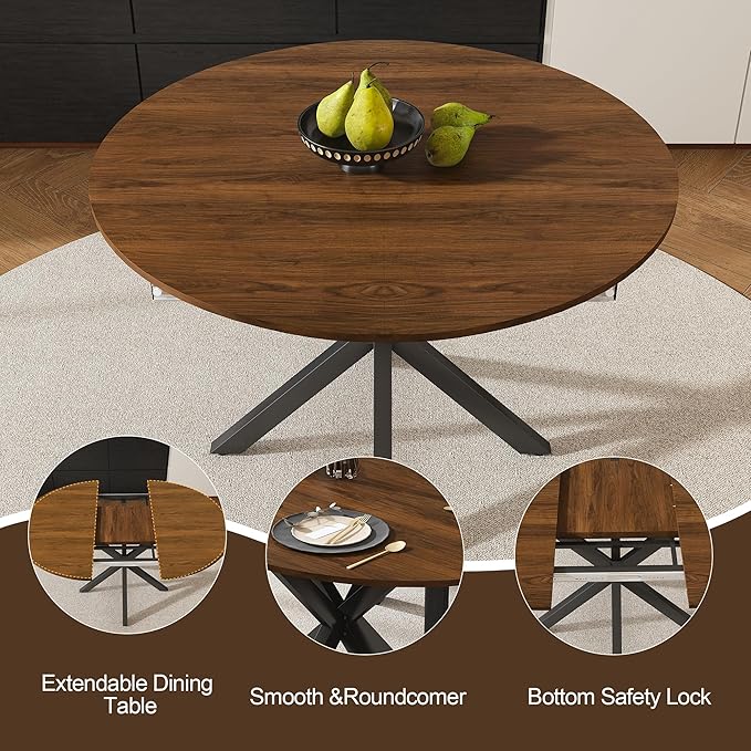 Extendable Dining Table Set for 4, 43-59" Round Dining Room Table Set, Walnut Wood Grain Table and 4 Brown Suede Upholstered Chairs Set, Mid Century Modern Kitchen Table Set with Cross Legs