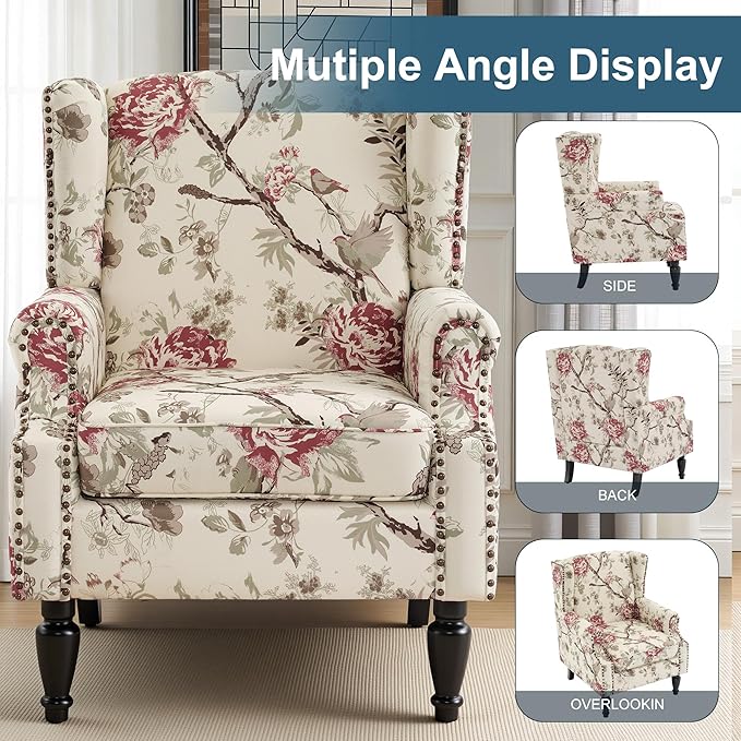 Wingback Chairs Set of 2, High Back Floral Accent Chair in Fabric, Comfy Upholstered Armchair with Nailhead Trim for Living Room, Single Sofa Reading Chair for Small Spaces, Bedroom-Beige