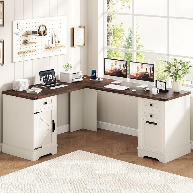 Squireewo 68.9'' Farmhouse L Shaped Desk with Drawers, Wood Executive Home Office Desk with Charging Station, File Drawers and Storage Cabinet, Computer Corner Desk for Work, Study and Writing, White